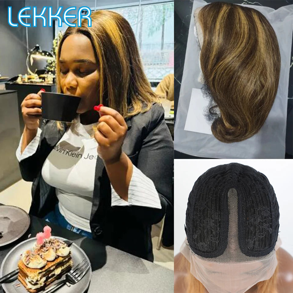 Lekker Highlight Brown Straight Bob 13x1 T Part Lace Front 100% Human Hair Wigs For Women Brazilian Remy Hair Colored Bob Wigs