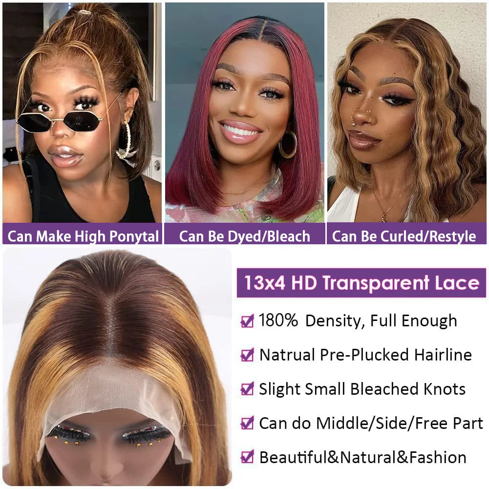 4/27 Highlight Bob Wigs Piano Colored Straight 13x4 Lace Frontal Human Hair Wig For Women Transparent Lace Front Bob Wigs