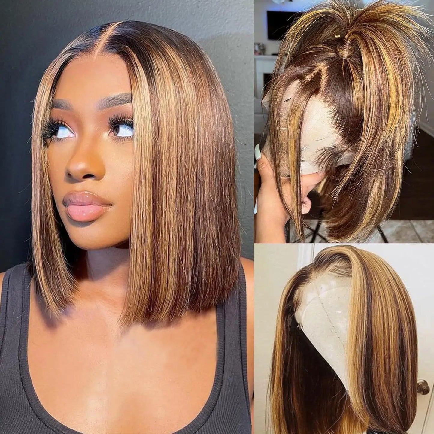 4/27 Highlight Bob Wigs Piano Colored Straight 13x4 Lace Frontal Human Hair Wig For Women Transparent Lace Front Bob Wigs