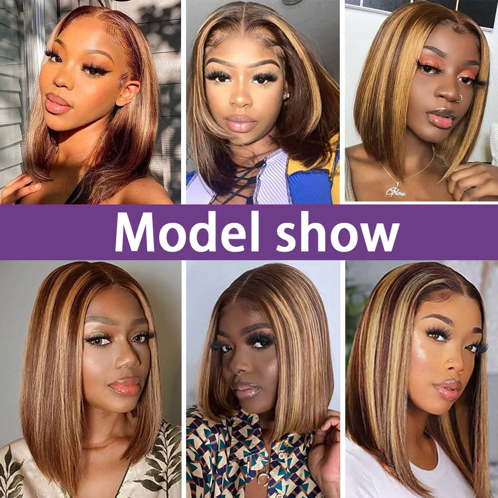 4/27 Highlight Bob Wigs Piano Colored Straight 13x4 Lace Frontal Human Hair Wig For Women Transparent Lace Front Bob Wigs
