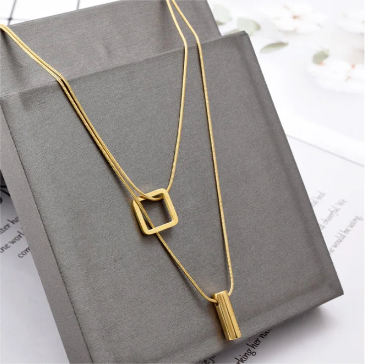 316L Stainless Steel Square Cylinder Pendant Double Layer Snake Bone Chain Choker Necklace For Women Fashion Fine Jewelry N848