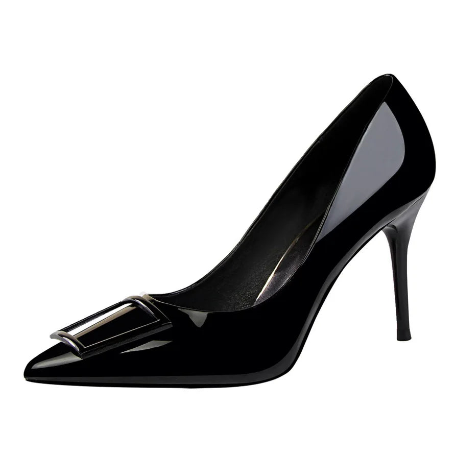 1785-1 Fashion Professional OL High Heel Women's Shoes With Fine Patent Leather Shallow Mouth Pointed square Buckle Single Shoes