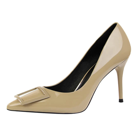1785-1 Fashion Professional OL High Heel Women's Shoes With Fine Patent Leather Shallow Mouth Pointed square Buckle Single Shoes