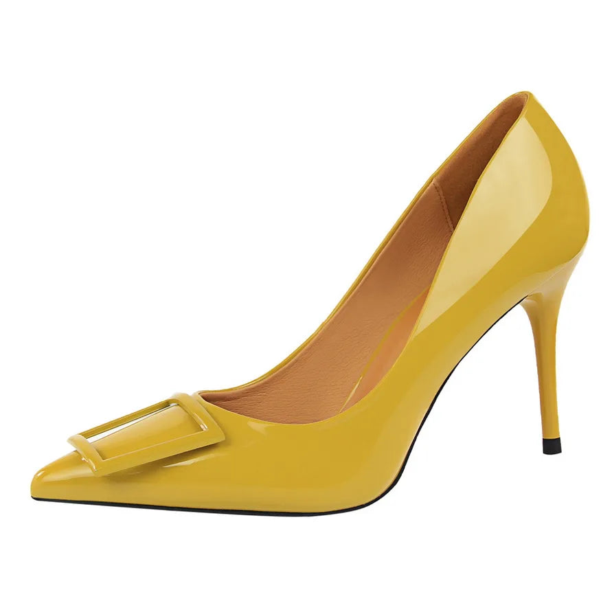 1785-1 Fashion Professional OL High Heel Women's Shoes With Fine Patent Leather Shallow Mouth Pointed square Buckle Single Shoes