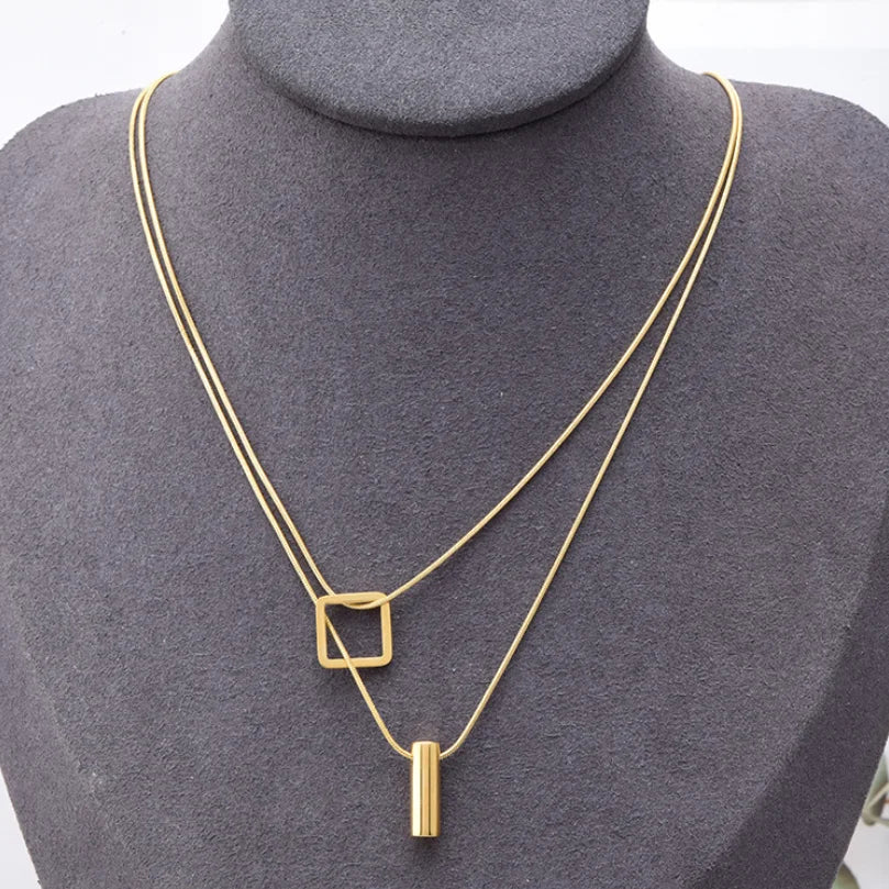 316L Stainless Steel Square Cylinder Pendant Double Layer Snake Bone Chain Choker Necklace For Women Fashion Fine Jewelry N848