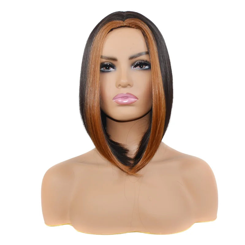 Mengtong European and American Light Brown Bob Wig Medium Length Divided Wig Hair Set