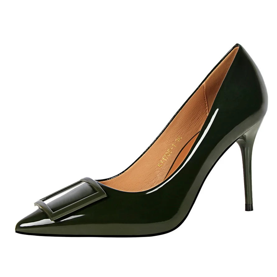 1785-1 Fashion Professional OL High Heel Women's Shoes With Fine Patent Leather Shallow Mouth Pointed square Buckle Single Shoes