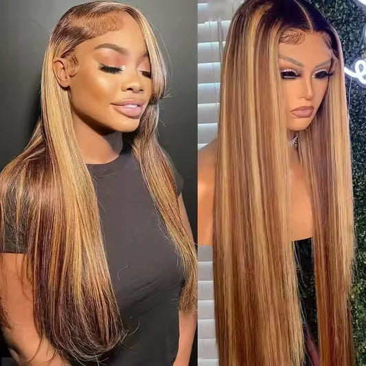 Peruca frontal de renda reta P4/27 360 Full HD com mechas loiras mel, cabelo vietnamita cru frontal para mulheres