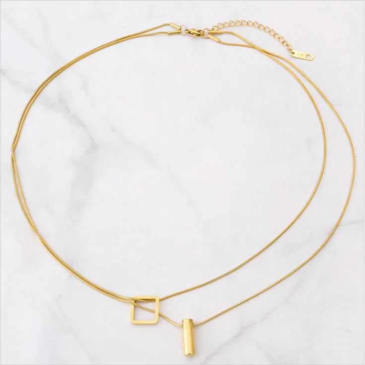 316L Stainless Steel Square Cylinder Pendant Double Layer Snake Bone Chain Choker Necklace For Women Fashion Fine Jewelry N848