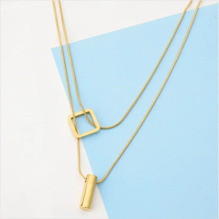 316L Stainless Steel Square Cylinder Pendant Double Layer Snake Bone Chain Choker Necklace For Women Fashion Fine Jewelry N848