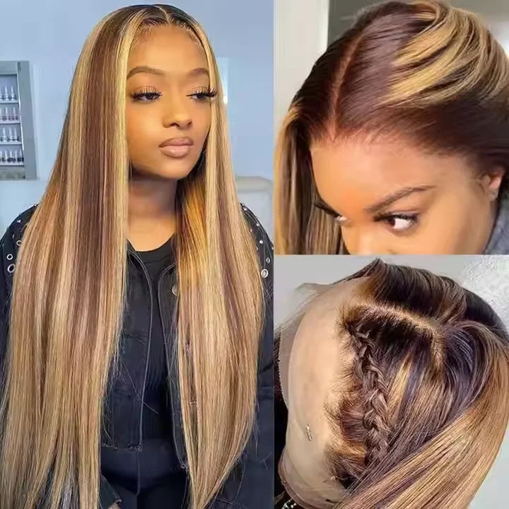 Peruca frontal de renda reta P4/27 360 Full HD com mechas loiras mel, cabelo vietnamita cru frontal para mulheres