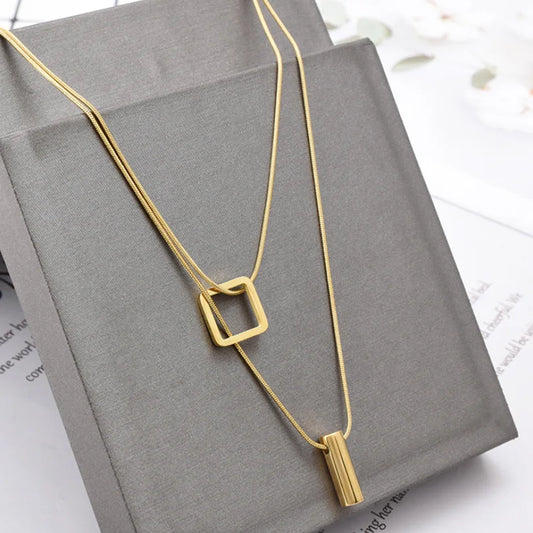 316L Stainless Steel Square Cylinder Pendant Double Layer Snake Bone Chain Choker Necklace For Women Fashion Fine Jewelry N848