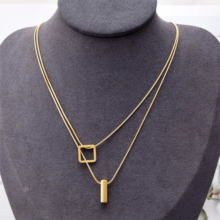 316L Stainless Steel Square Cylinder Pendant Double Layer Snake Bone Chain Choker Necklace For Women Fashion Fine Jewelry N848