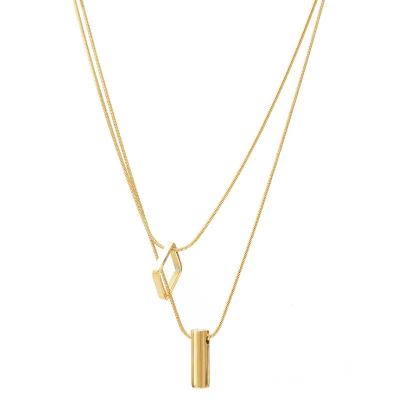 316L Stainless Steel Square Cylinder Pendant Double Layer Snake Bone Chain Choker Necklace For Women Fashion Fine Jewelry N848