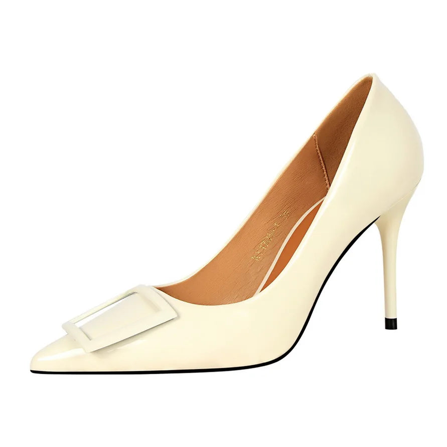1785-1 Fashion Professional OL High Heel Women's Shoes With Fine Patent Leather Shallow Mouth Pointed square Buckle Single Shoes