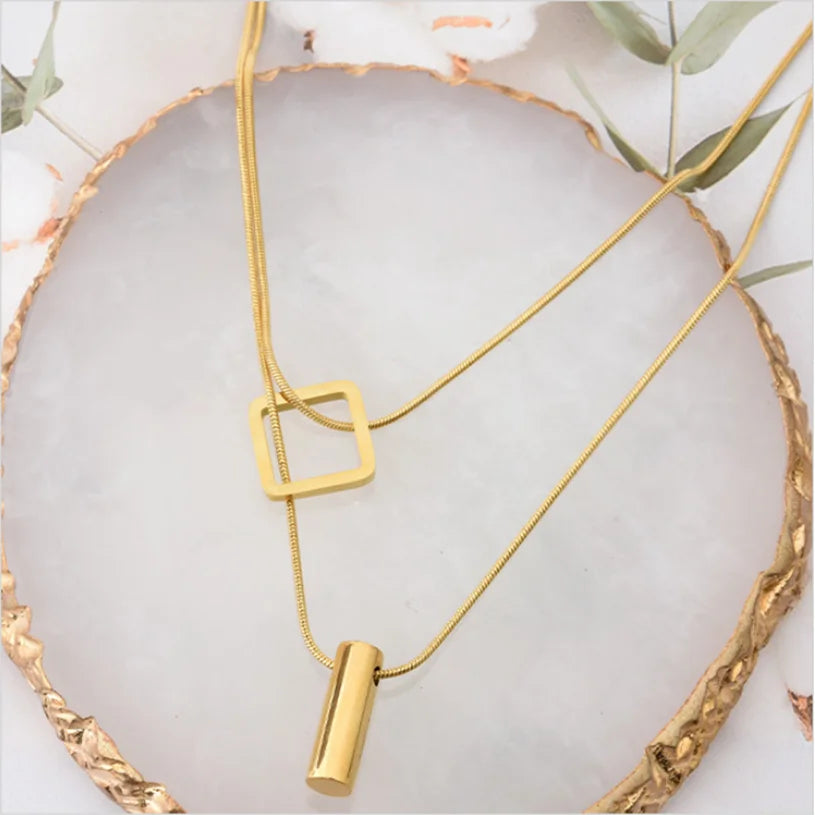 316L Stainless Steel Square Cylinder Pendant Double Layer Snake Bone Chain Choker Necklace For Women Fashion Fine Jewelry N848