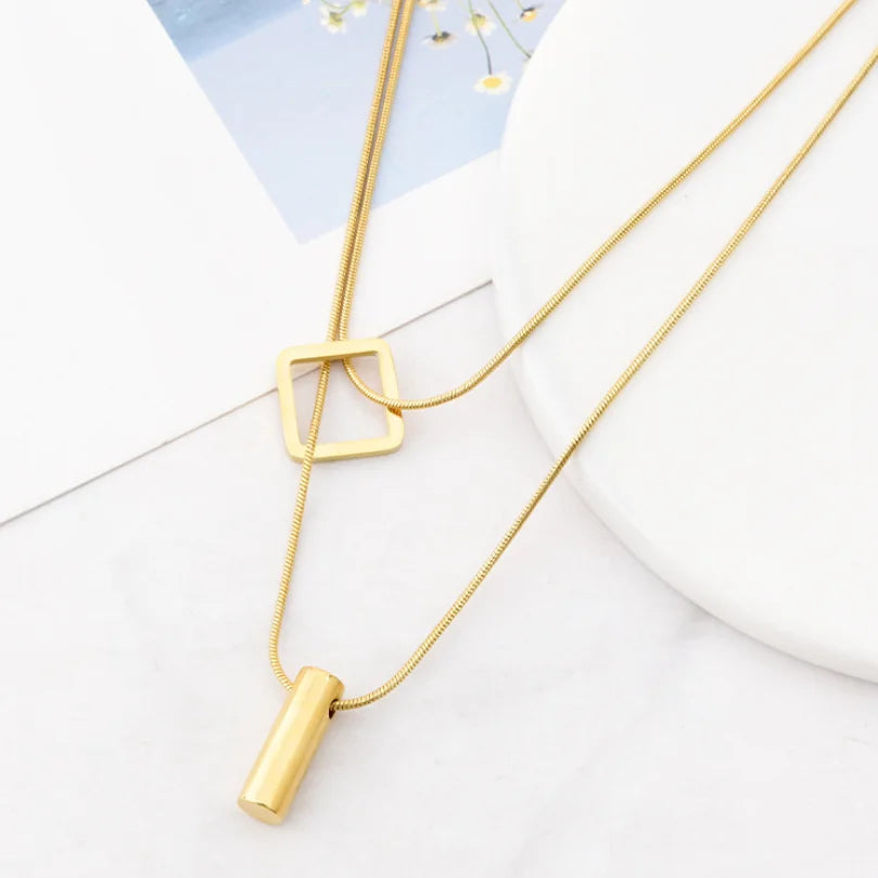 316L Stainless Steel Square Cylinder Pendant Double Layer Snake Bone Chain Choker Necklace For Women Fashion Fine Jewelry N848