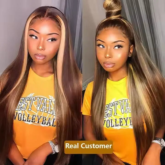 Peruca frontal de renda reta P4/27 360 Full HD com mechas loiras mel, cabelo vietnamita cru frontal para mulheres