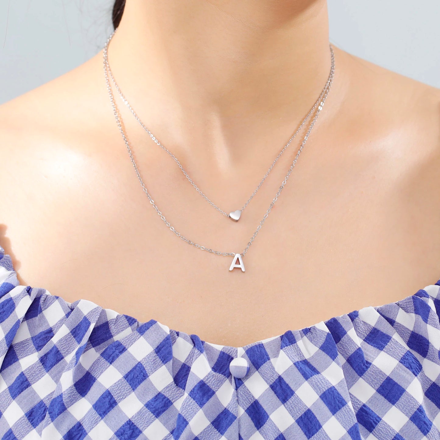 Amaxer Initial Letter Heart Pendant Double Layer Necklace For Women Girl A-Z Alphabet Stainless Steel Choker Collar Jewelry Gift