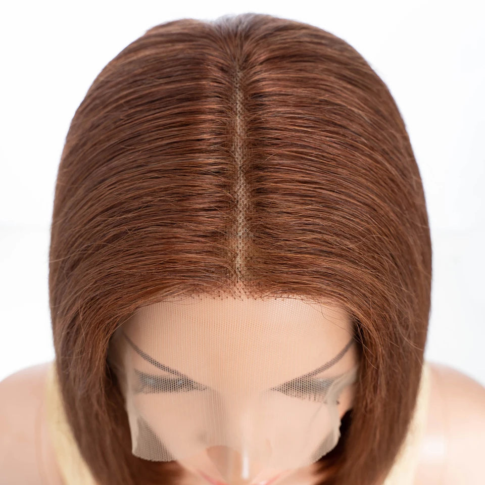 Lekker Highlight Brown Straight Bob 13x1 T Part Lace Front 100% Human Hair Wigs For Women Brazilian Remy Hair Colored Bob Wigs