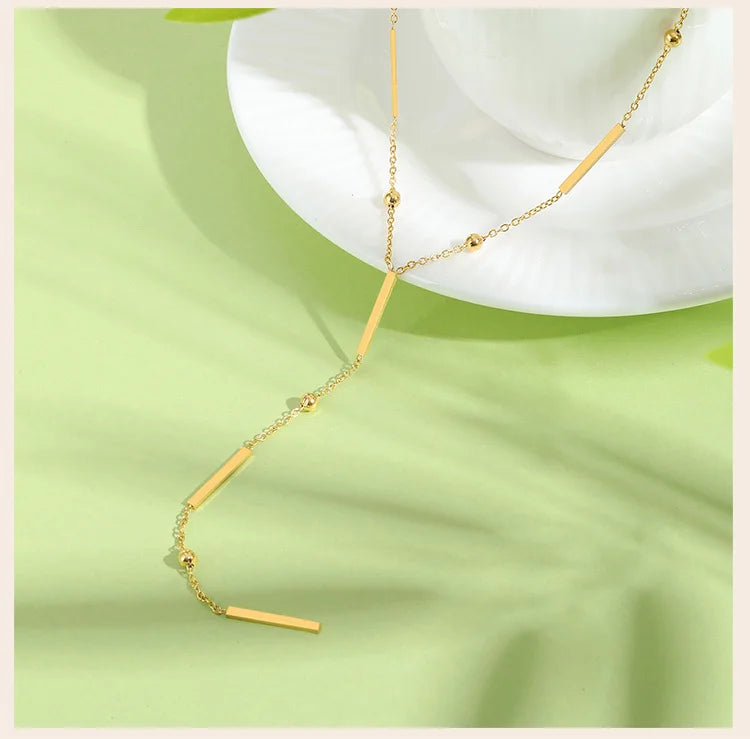 Beaded Long Chain Y Shape Necklace For Women, Minimalist Drop Bar Pendant Choker Necklaces, Clavicle Chain Jewelry