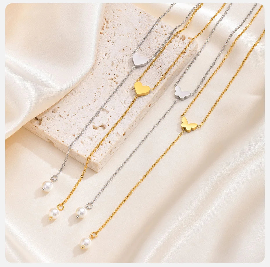 Vnox Heart Butterfly Charm Necklaces for Women, Simple Sweater Chain Collar, Y Necklaces Love Gift for Her