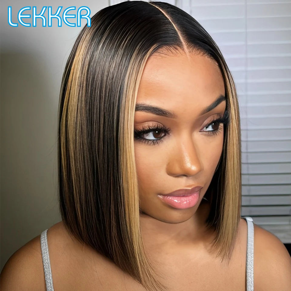 Lekker Highlight Brown Straight Bob 13x1 T Part Lace Front 100% Human Hair Wigs For Women Brazilian Remy Hair Colored Bob Wigs