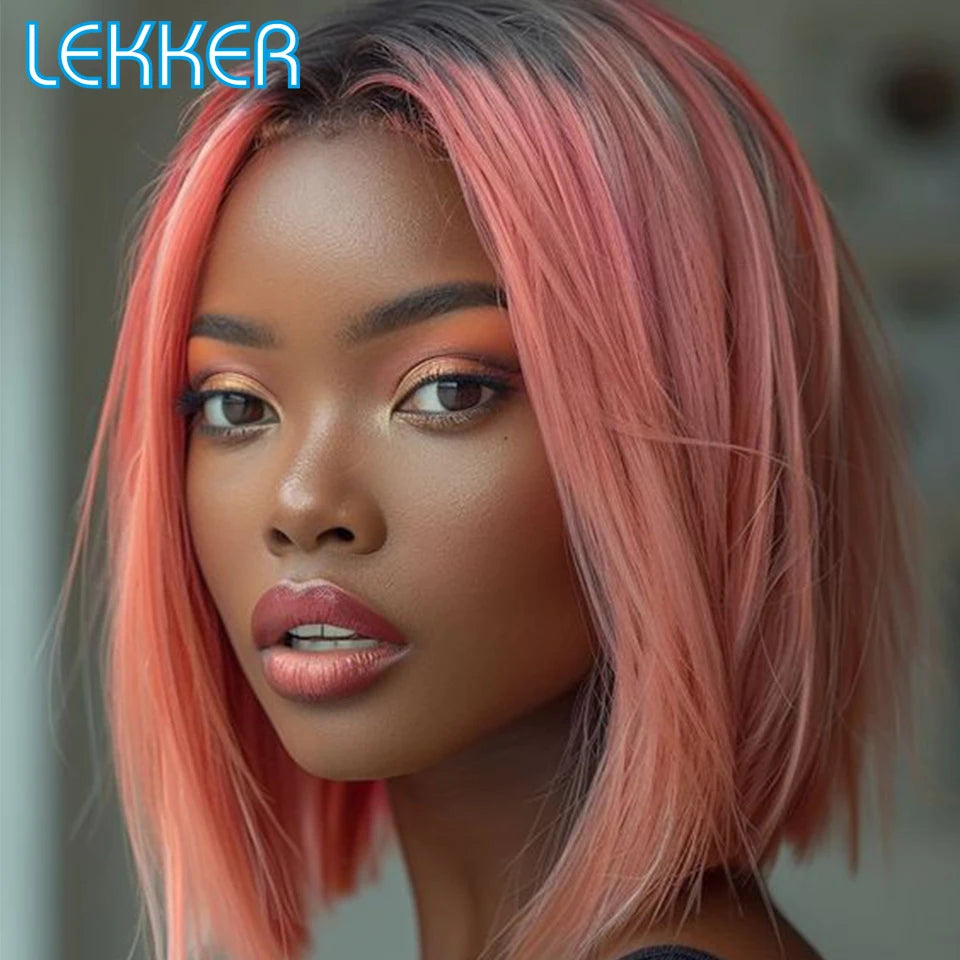 Lekker Highlight Brown Straight Bob 13x1 T Part Lace Front 100% Human Hair Wigs For Women Brazilian Remy Hair Colored Bob Wigs
