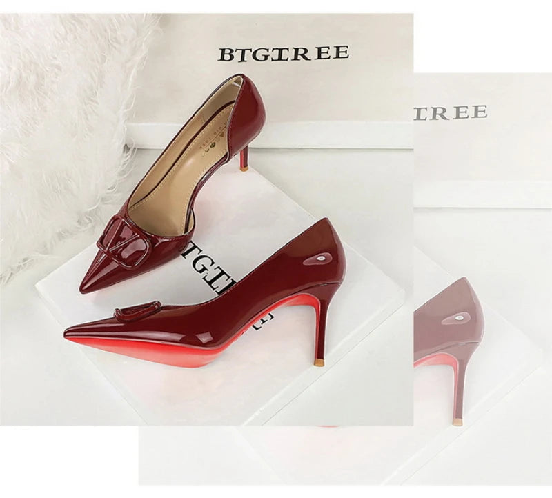 French Square Buckle Side Empty Slim Heel High Heels Women's Shoes Patent Leather Shiny Pointed Toe Shallow Mouth Single Shoes