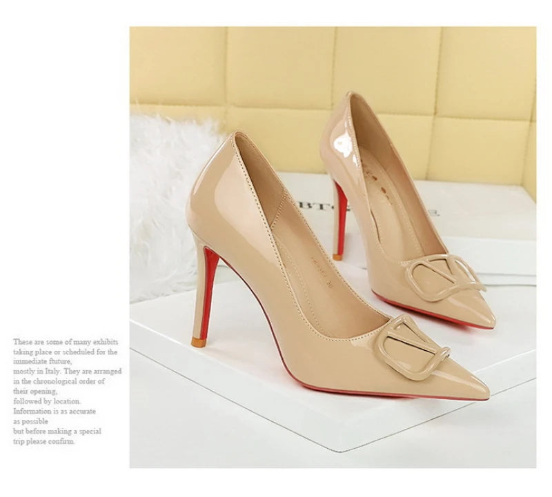 European And American Style Banquet Temperament Pointed Toe High Heels Single Shoes Patent Leather V-Buckle Sexy Women's Shoes