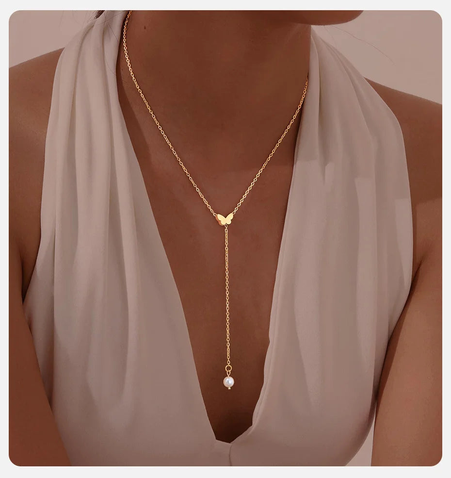 Vnox Heart Butterfly Charm Necklaces for Women, Simple Sweater Chain Collar, Y Necklaces Love Gift for Her