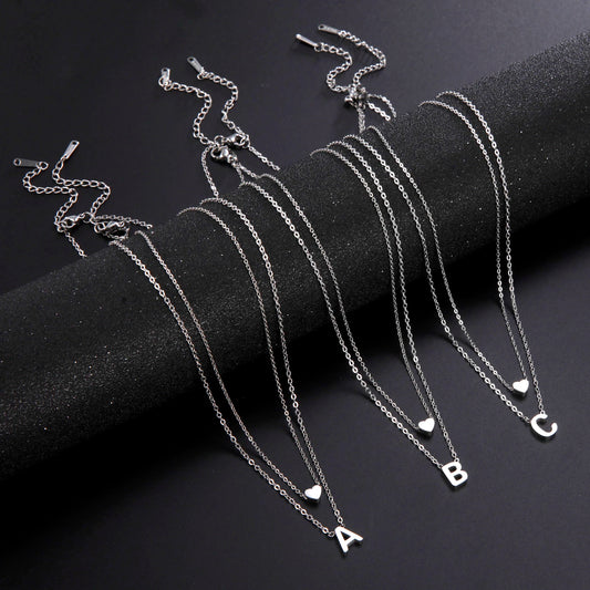 Amaxer Initial Letter Heart Pendant Double Layer Necklace For Women Girl A-Z Alphabet Stainless Steel Choker Collar Jewelry Gift