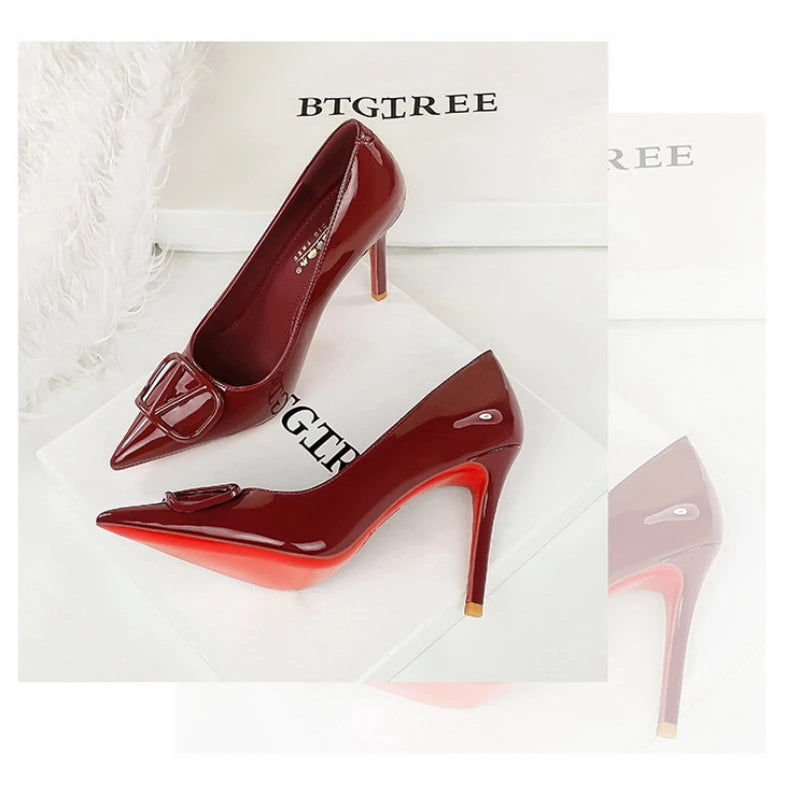 European And American Style Banquet Temperament Pointed Toe High Heels Single Shoes Patent Leather V-Buckle Sexy Women's Shoes