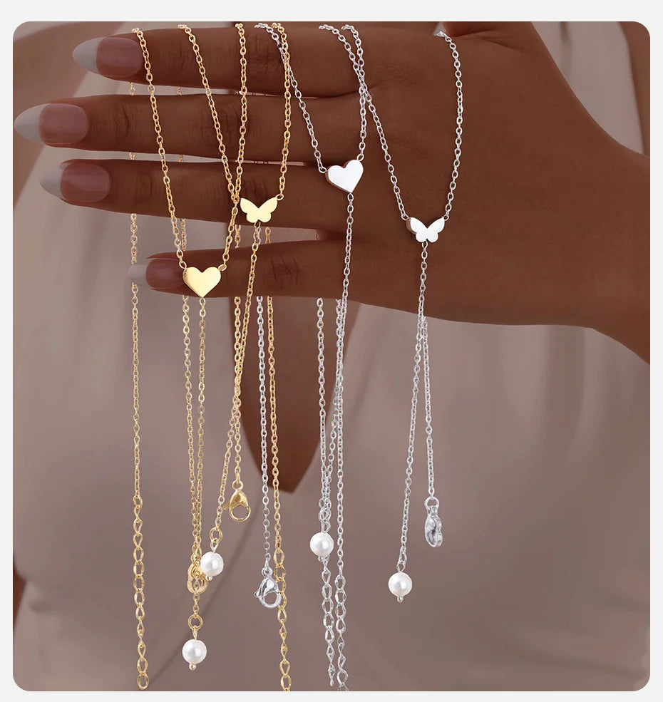 Vnox Heart Butterfly Charm Necklaces for Women, Simple Sweater Chain Collar, Y Necklaces Love Gift for Her