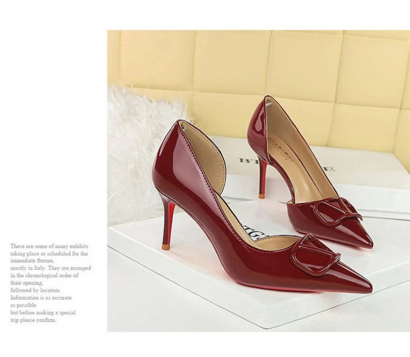 French Square Buckle Side Empty Slim Heel High Heels Women's Shoes Patent Leather Shiny Pointed Toe Shallow Mouth Single Shoes