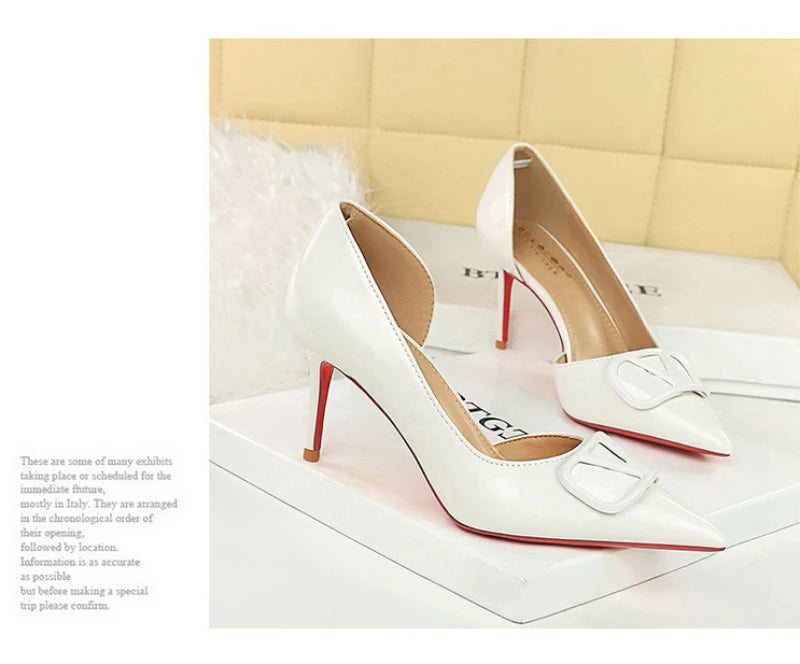French Square Buckle Side Empty Slim Heel High Heels Women's Shoes Patent Leather Shiny Pointed Toe Shallow Mouth Single Shoes