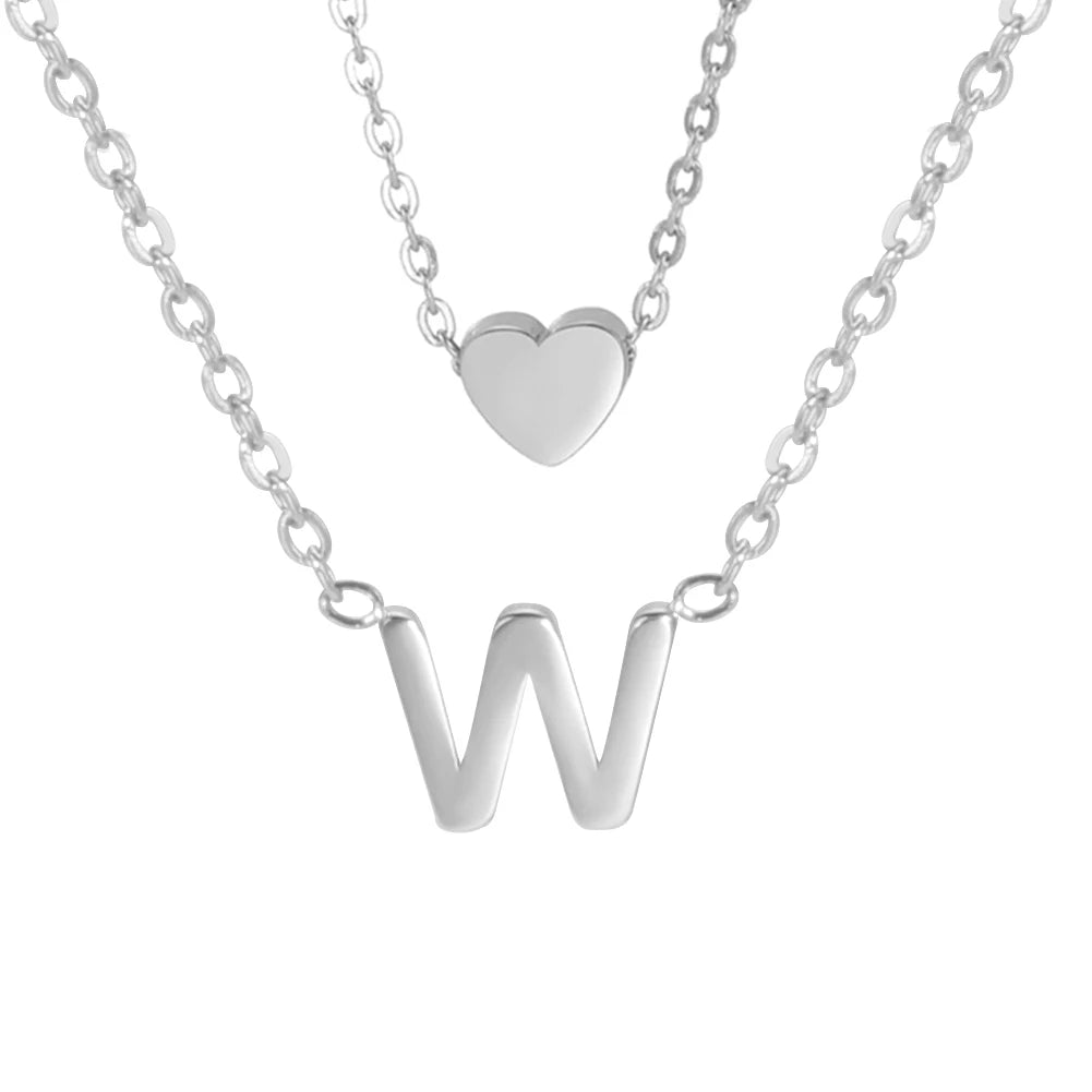 Amaxer Initial Letter Heart Pendant Double Layer Necklace For Women Girl A-Z Alphabet Stainless Steel Choker Collar Jewelry Gift