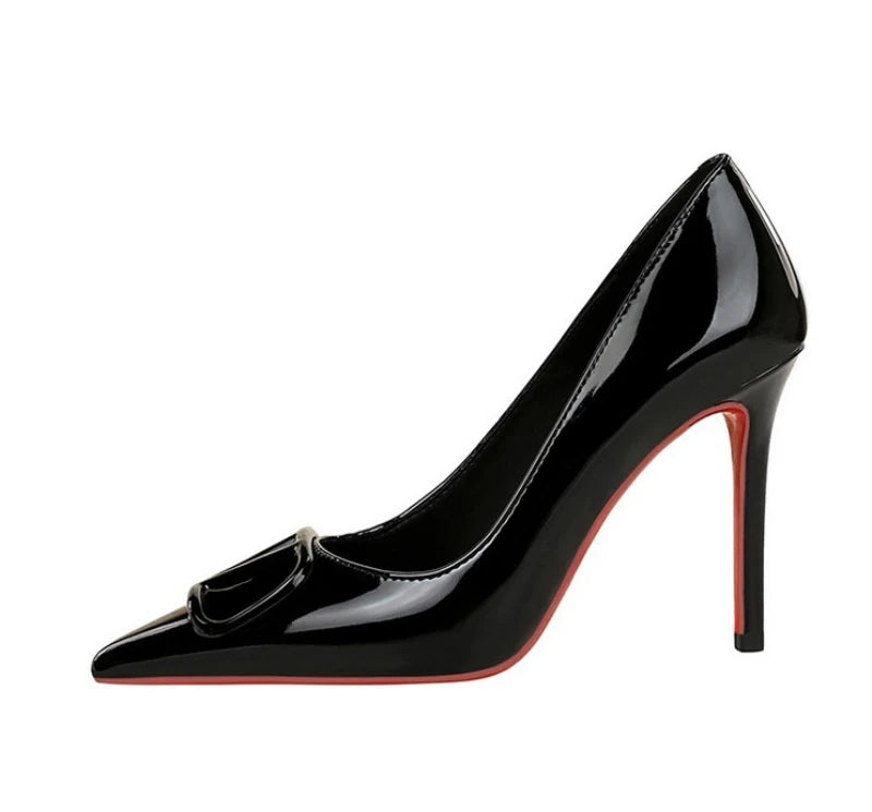 European And American Style Banquet Temperament Pointed Toe High Heels Single Shoes Patent Leather V-Buckle Sexy Women's Shoes