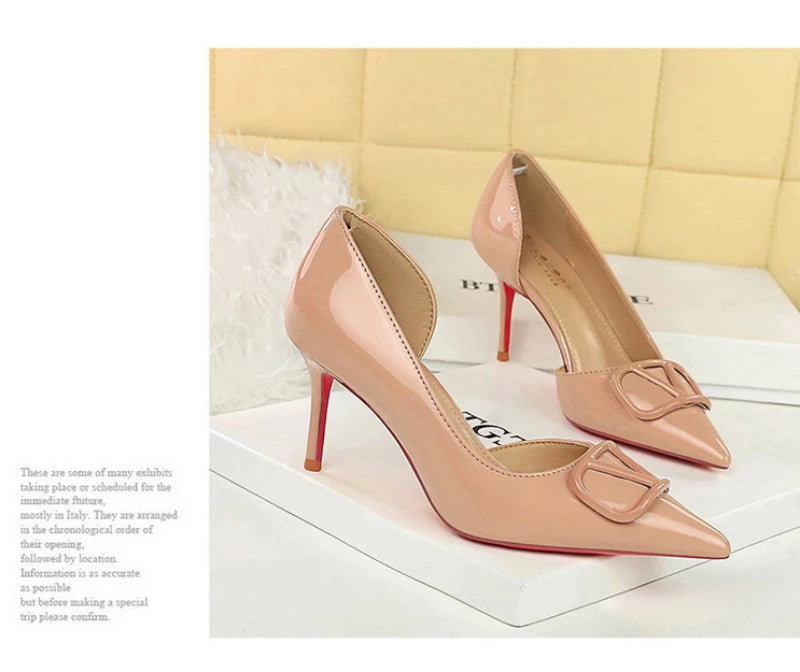 French Square Buckle Side Empty Slim Heel High Heels Women's Shoes Patent Leather Shiny Pointed Toe Shallow Mouth Single Shoes