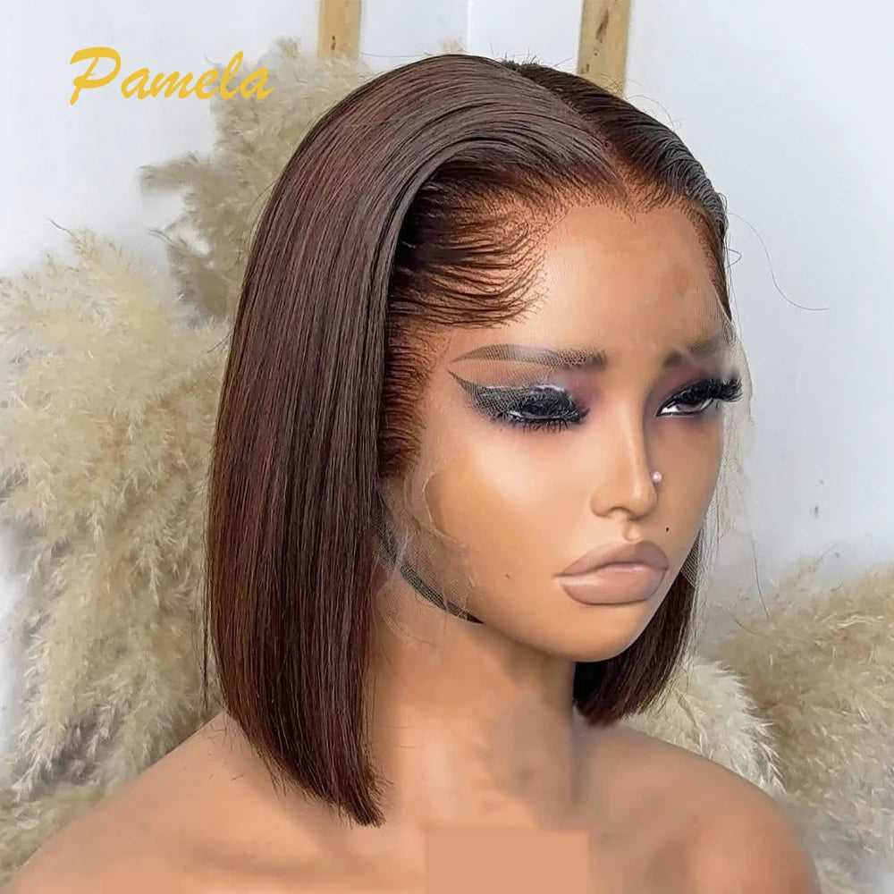 Peruca de cabelo humano Lagos Hairline, cor marrom, lisa, 13x6, transparente, renda frontal, pré-depilada, curta, bob, feminina
