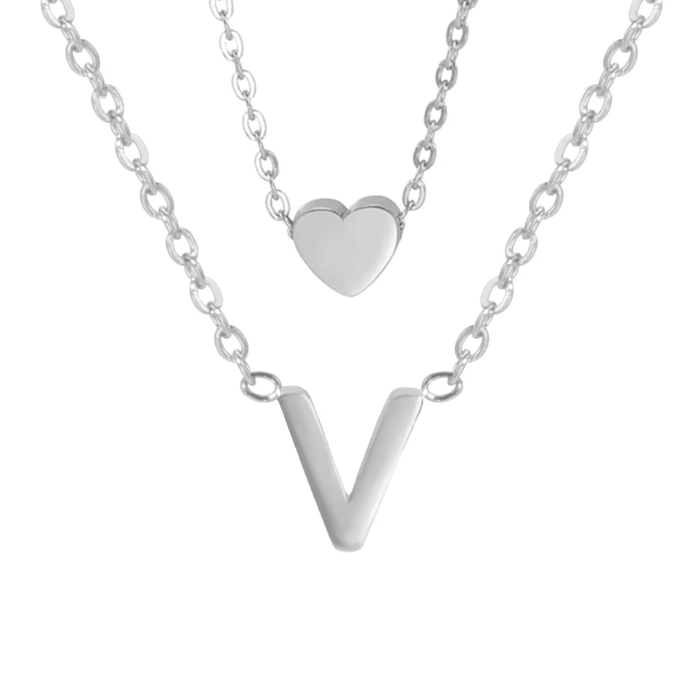 Amaxer Initial Letter Heart Pendant Double Layer Necklace For Women Girl A-Z Alphabet Stainless Steel Choker Collar Jewelry Gift