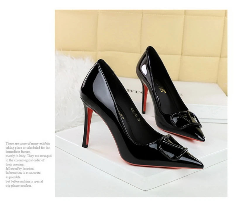 European And American Style Banquet Temperament Pointed Toe High Heels Single Shoes Patent Leather V-Buckle Sexy Women's Shoes