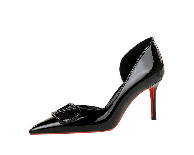 French Square Buckle Side Empty Slim Heel High Heels Women's Shoes Patent Leather Shiny Pointed Toe Shallow Mouth Single Shoes