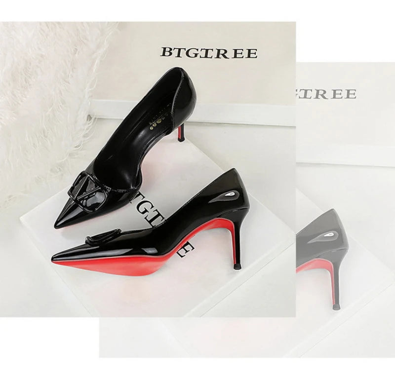 French Square Buckle Side Empty Slim Heel High Heels Women's Shoes Patent Leather Shiny Pointed Toe Shallow Mouth Single Shoes