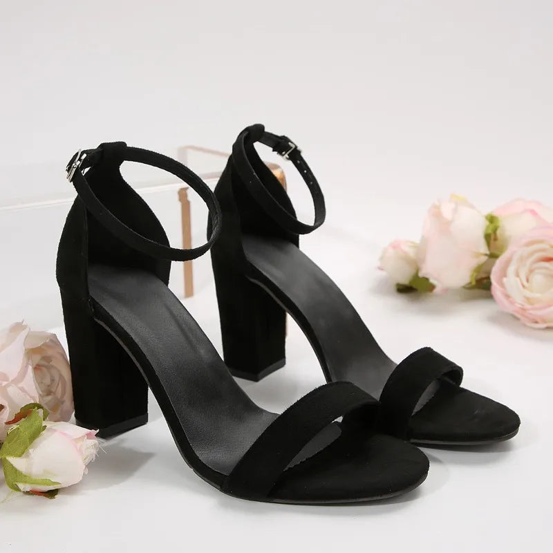 One Strap Block Heel Sandals Summer New Round Toe Open Toe Suede Non-Slip Wear-Resistant High Heels
