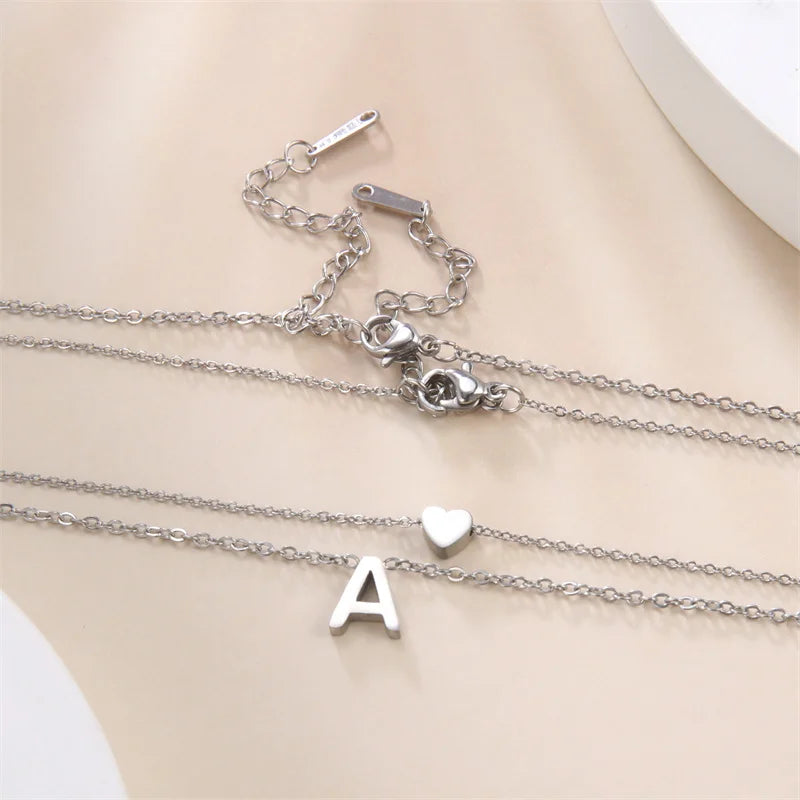 Fashion Tiny Heart Initial Necklace Gold Silver Color Multilayer Letter Choker Necklace For Women Charm Pendant Jewelry Gift