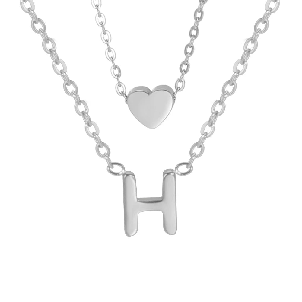 Amaxer Initial Letter Heart Pendant Double Layer Necklace For Women Girl A-Z Alphabet Stainless Steel Choker Collar Jewelry Gift