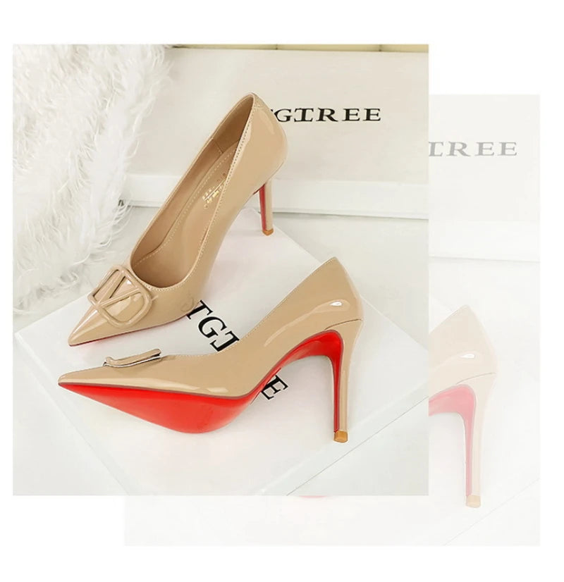 European And American Style Banquet Temperament Pointed Toe High Heels Single Shoes Patent Leather V-Buckle Sexy Women's Shoes