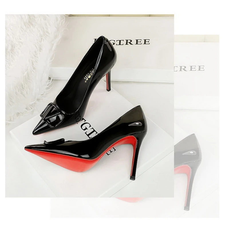 European And American Style Banquet Temperament Pointed Toe High Heels Single Shoes Patent Leather V-Buckle Sexy Women's Shoes