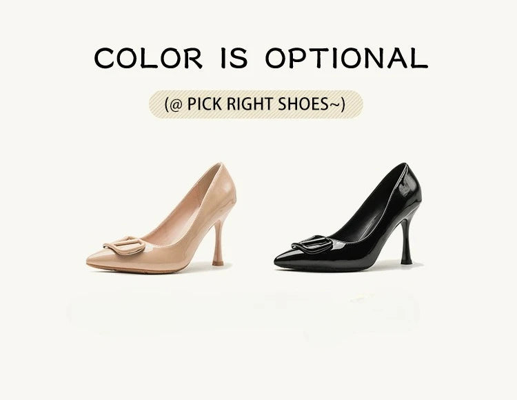 2025SS Ladies Latest 6-10CM Elegant Women's Nude Patent Leather Pumps V-Buckle Pointed Toe Thin Heel Niche Unique Design Shoes